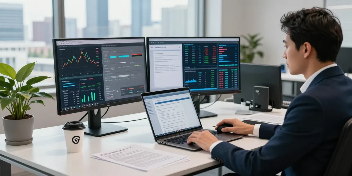 Document fraud detection software on multiple monitors in a modern financial workspace.