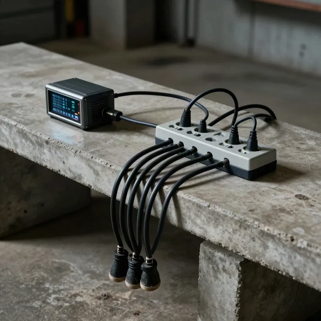 Timer module and power strips on concrete in a tense after-midnight utility room.