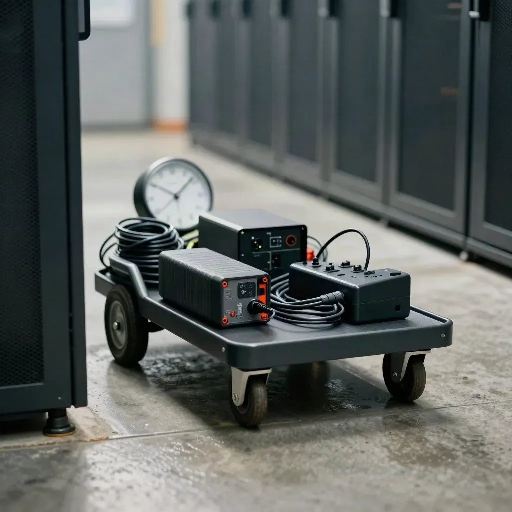 Rolling utility cart with battery, mini PC, cables, and a blurred clock in a cool corridor.