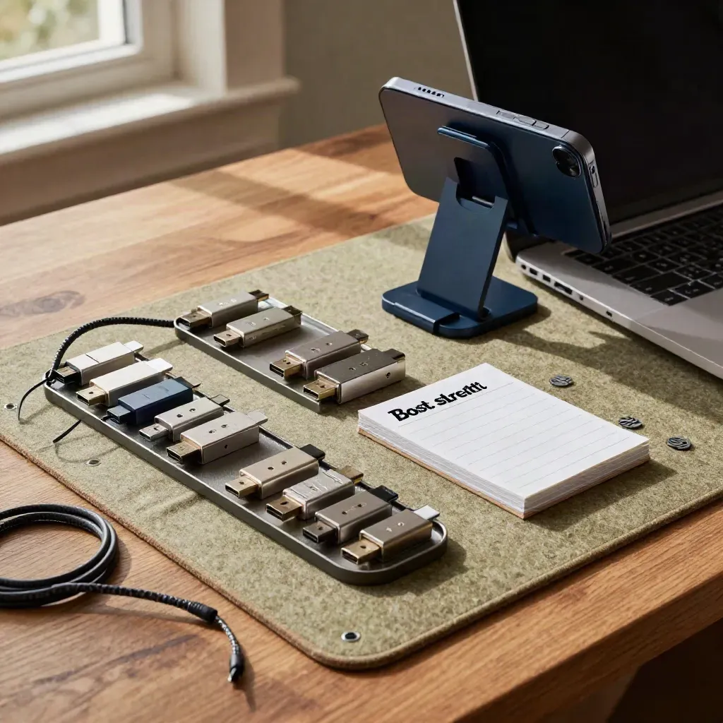 Overhead scrape-to-sheet setup with laptop, phone clamp, adapters and notes card on a sunlit oak bench.