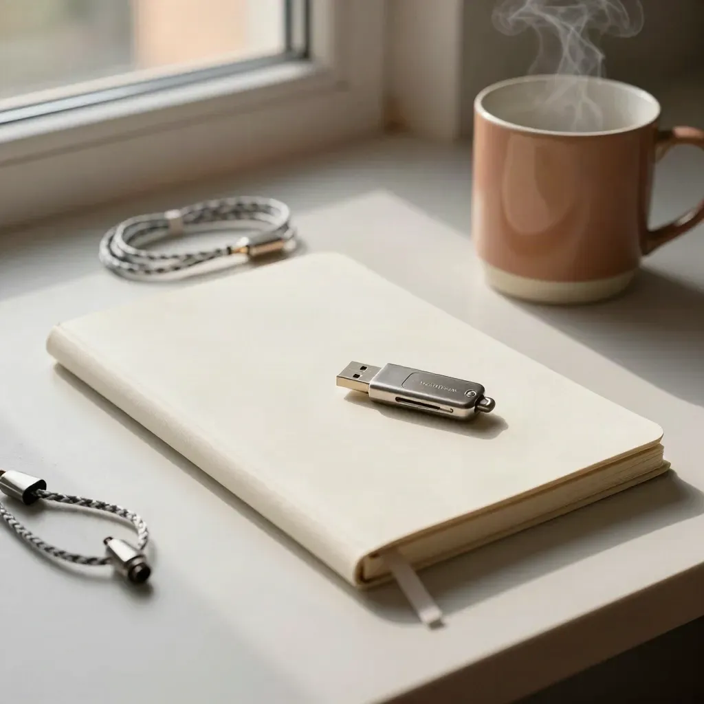 Closed setup notebook, USB key, cable, and steaming mug on a pale desk by a bright window.