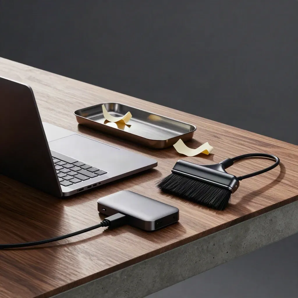 Top-down cleaning tools beside a turned laptop, scrap tray, brush and compact drive on walnut.