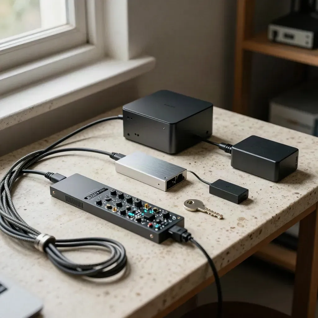 Starter automation kit on a travertine bench with modules, cables, adapters and dusty window light.