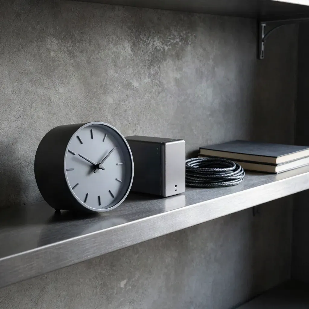 Clock, mini PC, cables, and notebook lined up on a metal shelf in cool light.
