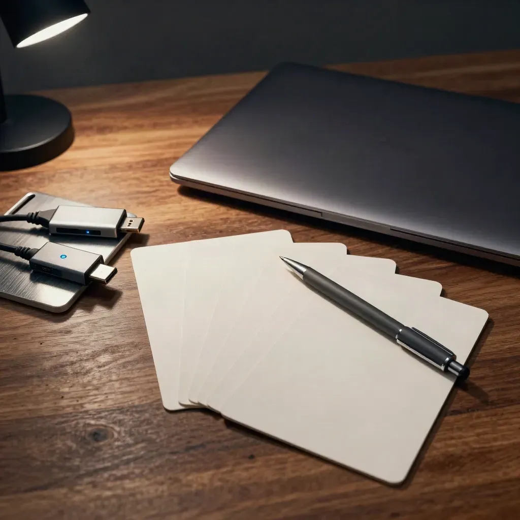 Overhead troubleshooting cards, adapters, turned laptop, and pen on a walnut workbench